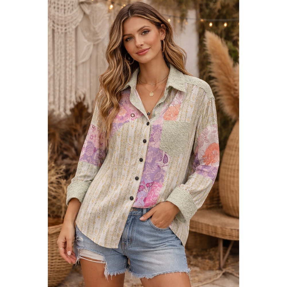 POL long-sleeve double gauze floral patchwork button-down shirt